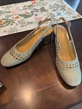 J. Crew Woven Slingback Block Heel in Metallic Gold